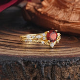Vintage Botanical 4-Prong Round Cut Natural Garnet Ring Set